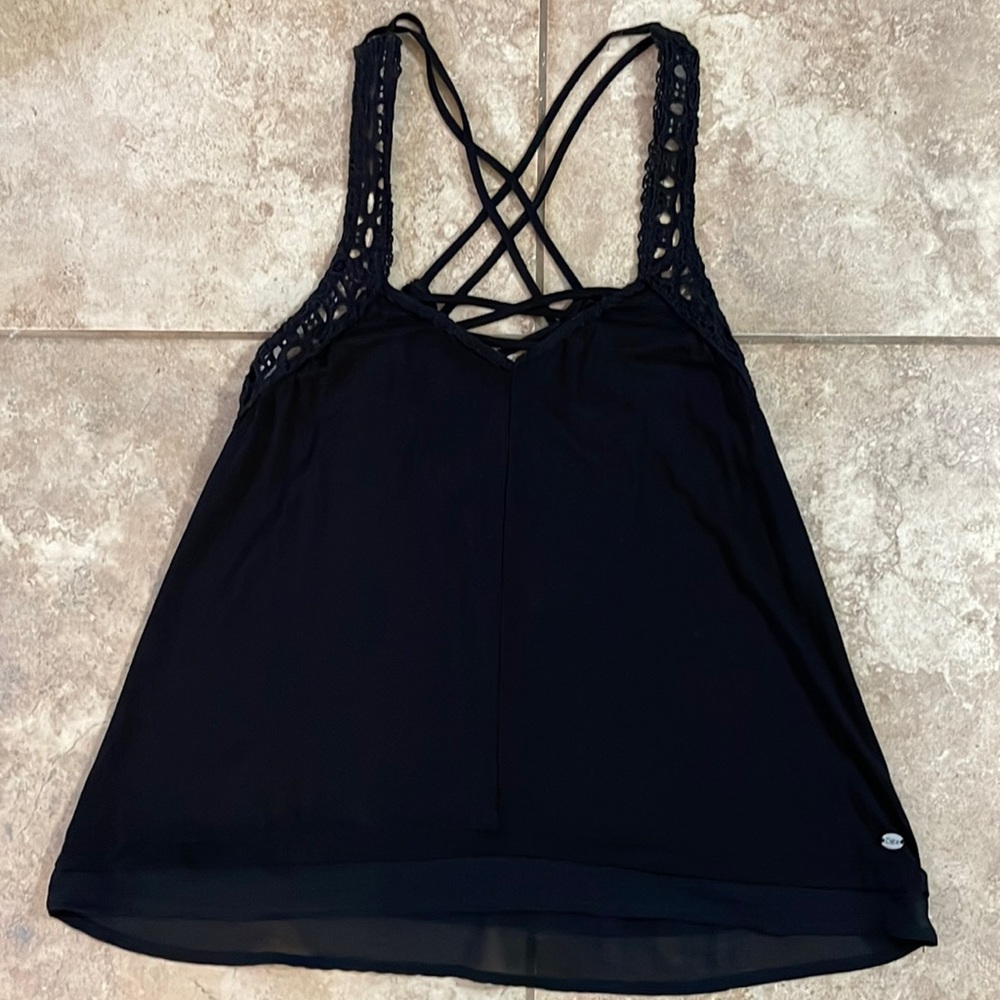 Black Sleeveless blouse with cotton lace macramé detail and lace hemline. Size S